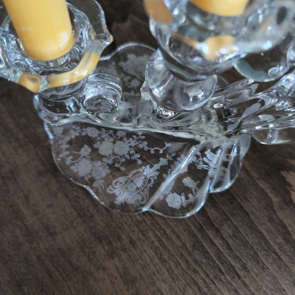 Vintage Cambridge Rose‎ Point Glass Candelabra Pair 3 Tier Etched Candlesticks
